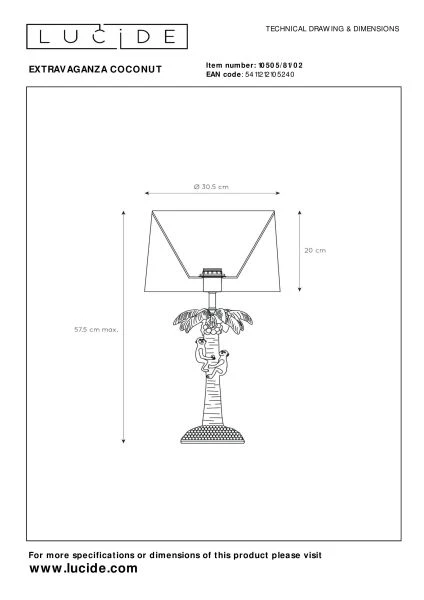 Lucide EXTRAVAGANZA COCONUT - Lampe de table - Ø 30,5 cm - 1xE27 - Or Mat / Laiton - TECHNISCH